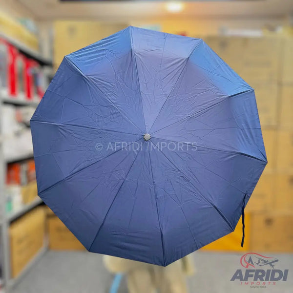 A dark blue, octagonal umbrella with a silver tip.