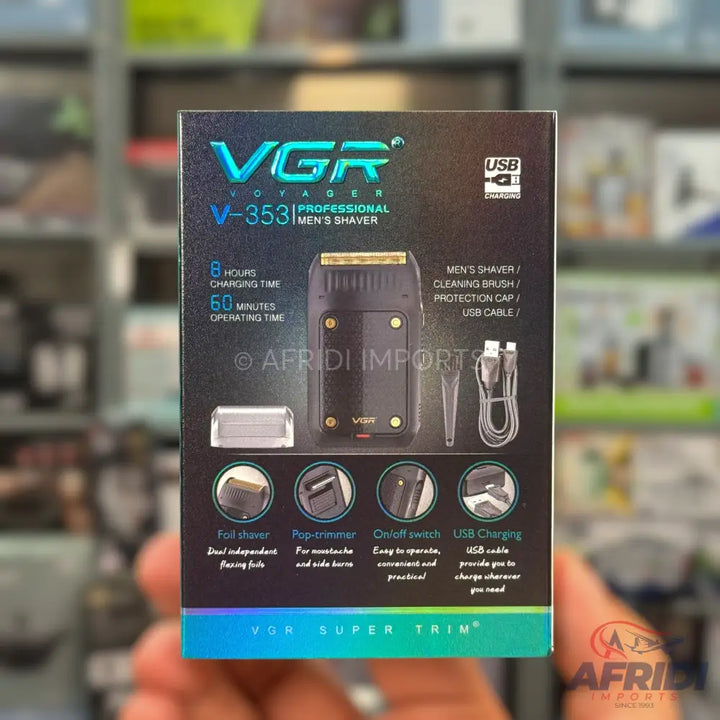 A VGR V-353 professional men’s shaver with 8 hours charging time and 60 minutes operating time, featuring a foil shaver, pop-up trimmer, on/off switch, and USB charging.