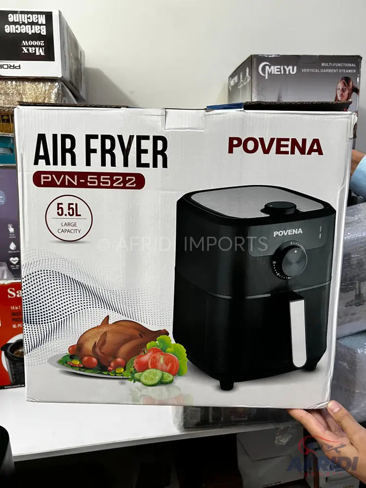 A black air fryer with a 5.5-liter capacity.