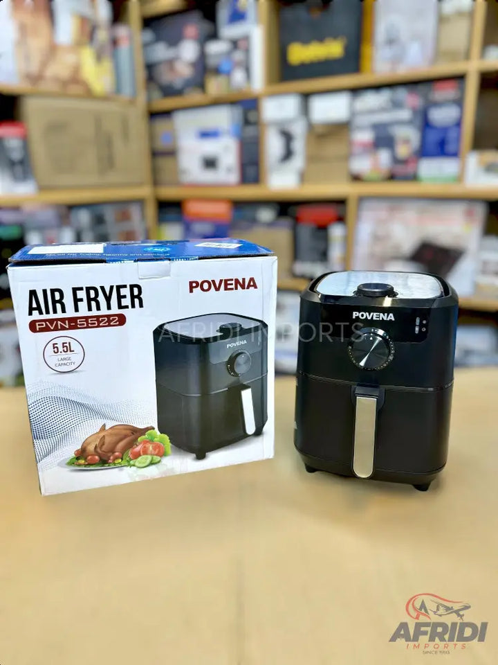 Black digital air fryer with a 5.5-liter capacity.