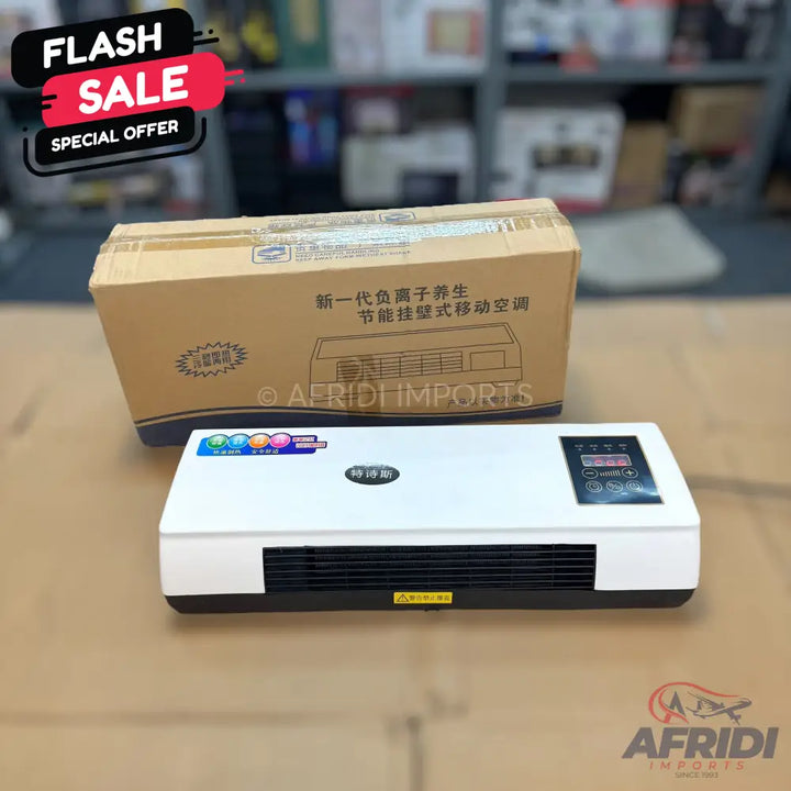 White, rectangular, wall-mounted or portable air conditioner with a digital display and front-facing air vents.