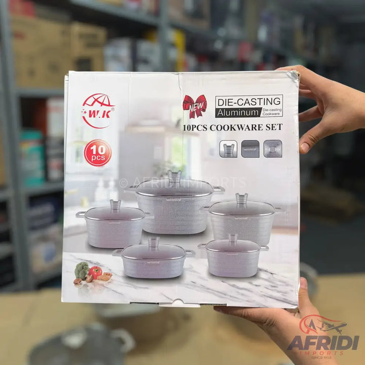 A 10-piece die-casting aluminum cookware set in a box.