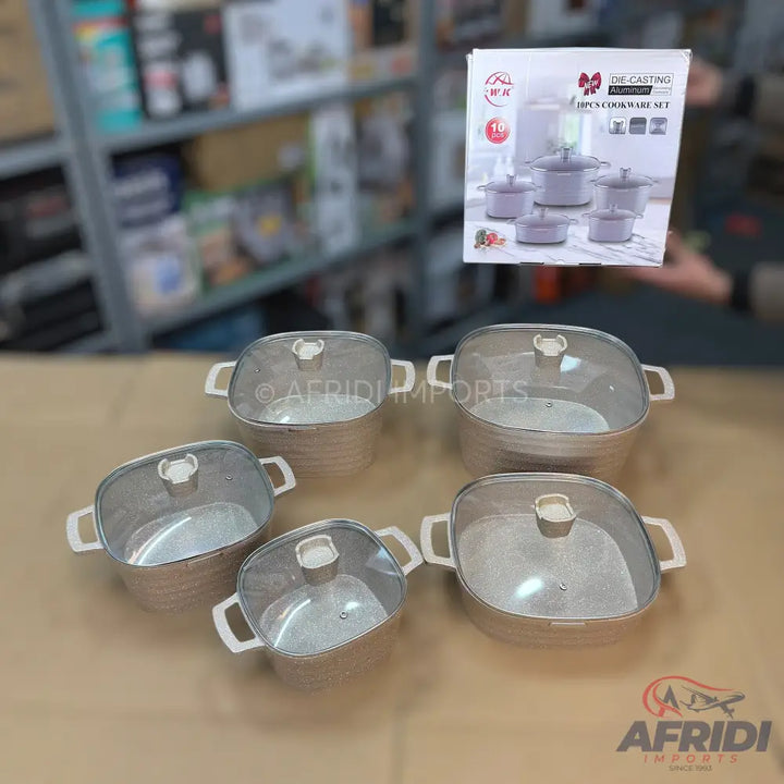 A set of five square-shaped cooking pots with glass lids.