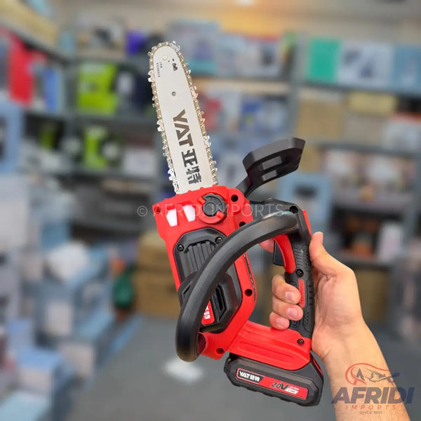 Red and black cordless mini chainsaw with a ’NEW PRODUCT’ label.